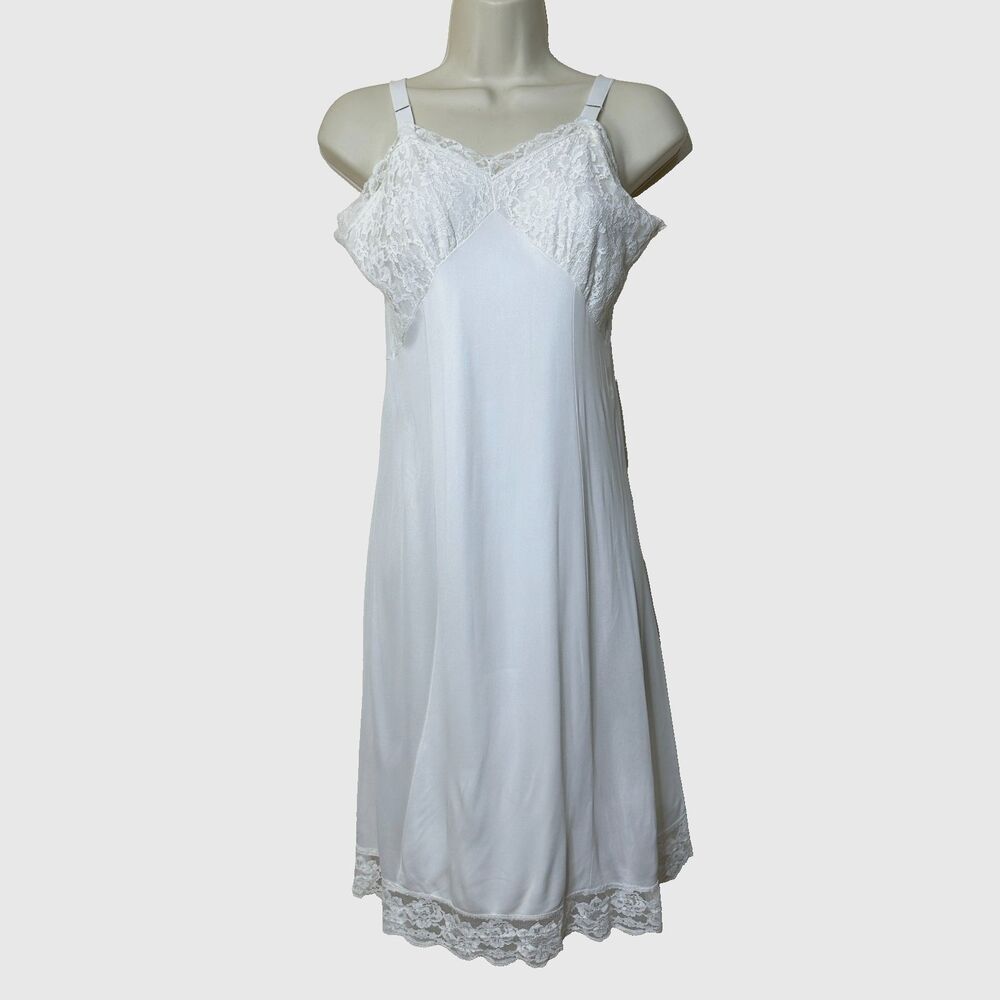 Vintage White Lace Knee Length Dress Slip Rockabilly Pinup Adjustable Women's S